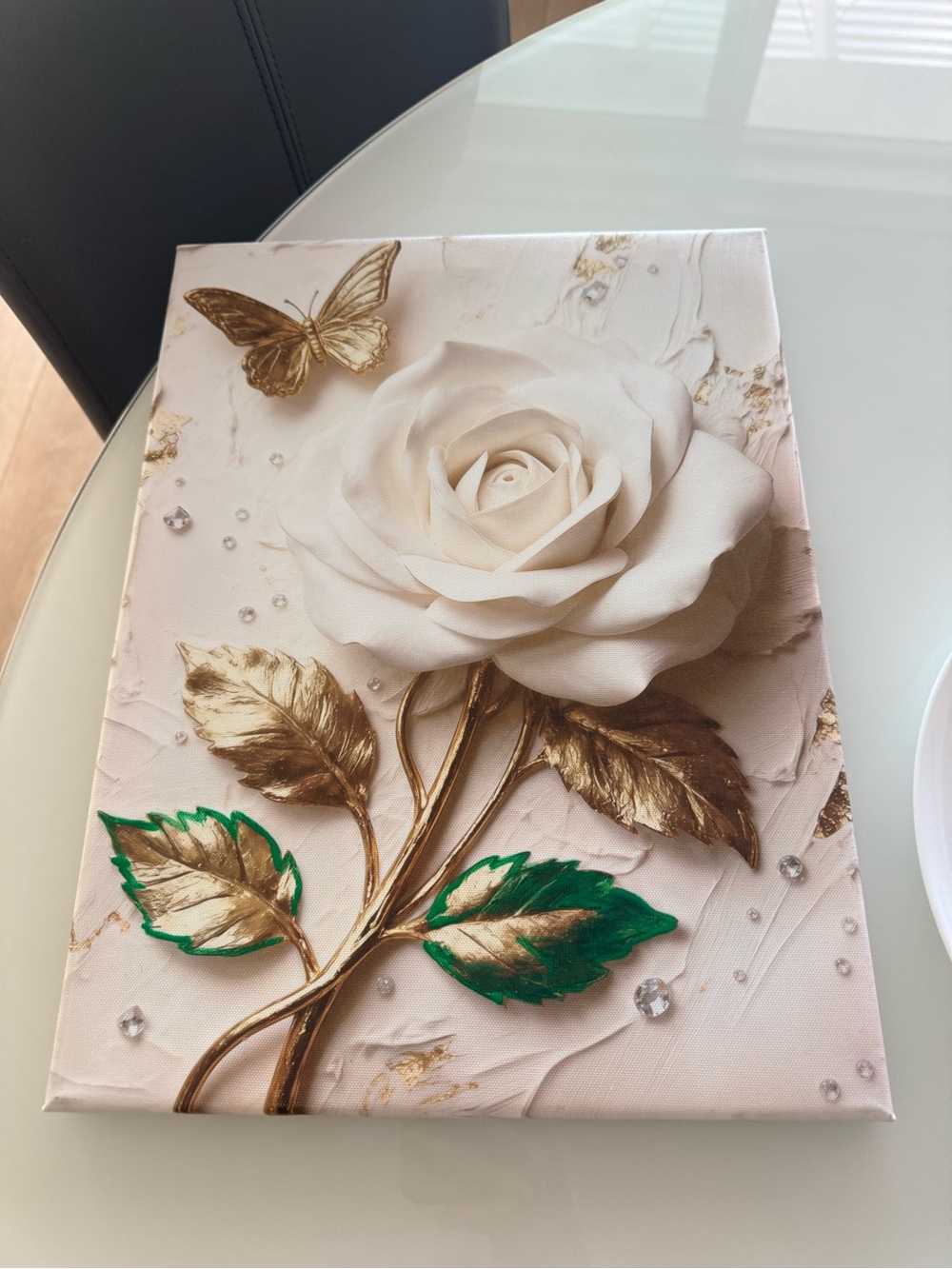 White Rose Wall Art with Gold and Green Accents